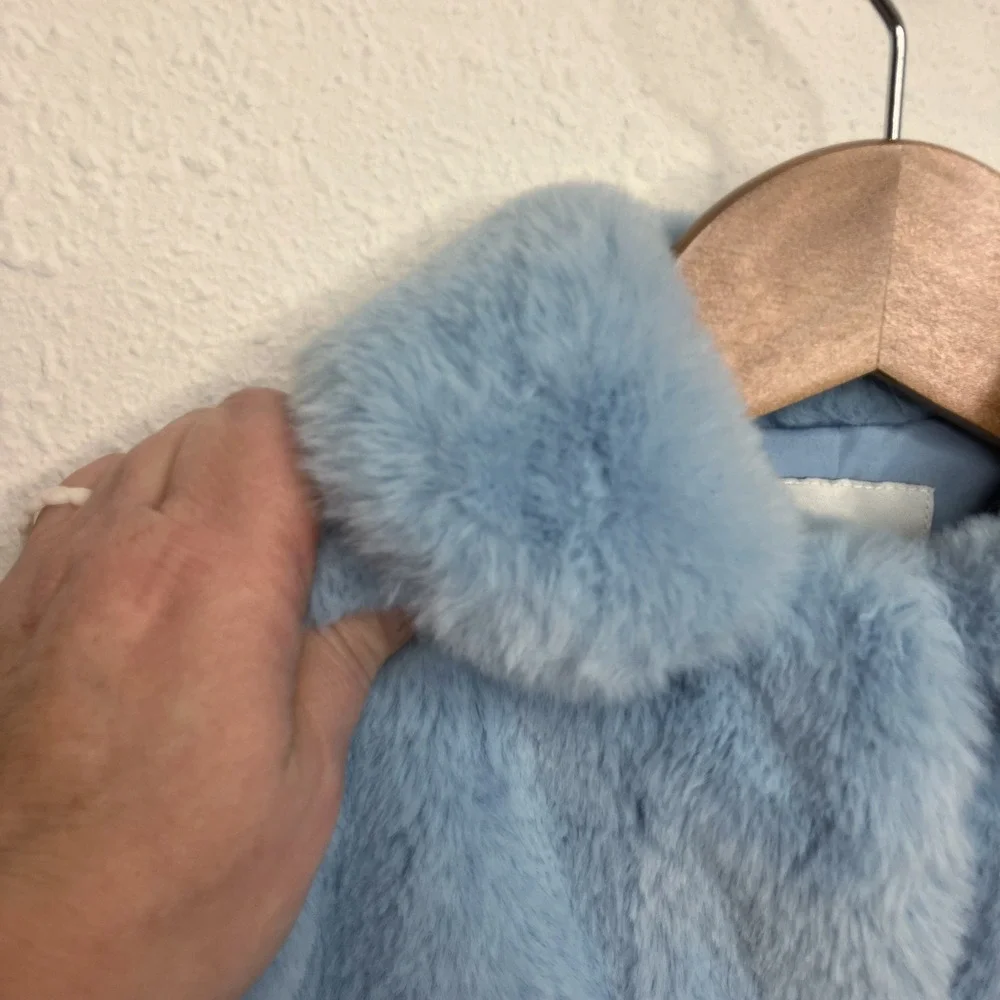 Janie and Jack Faux Fur Coat Ice Blue w/ Navy Bow Dressy Outerwear 12-18‎ months